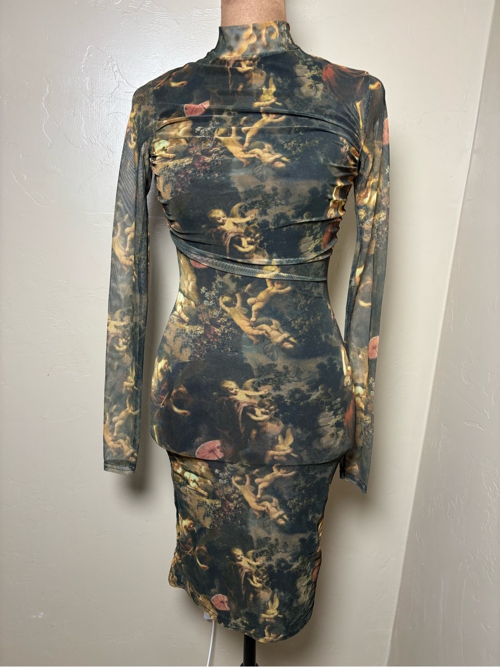 PrettyLittleThing Dark Baroque Print Long Sleeve Midi Dress sheer Mesh Stretchy